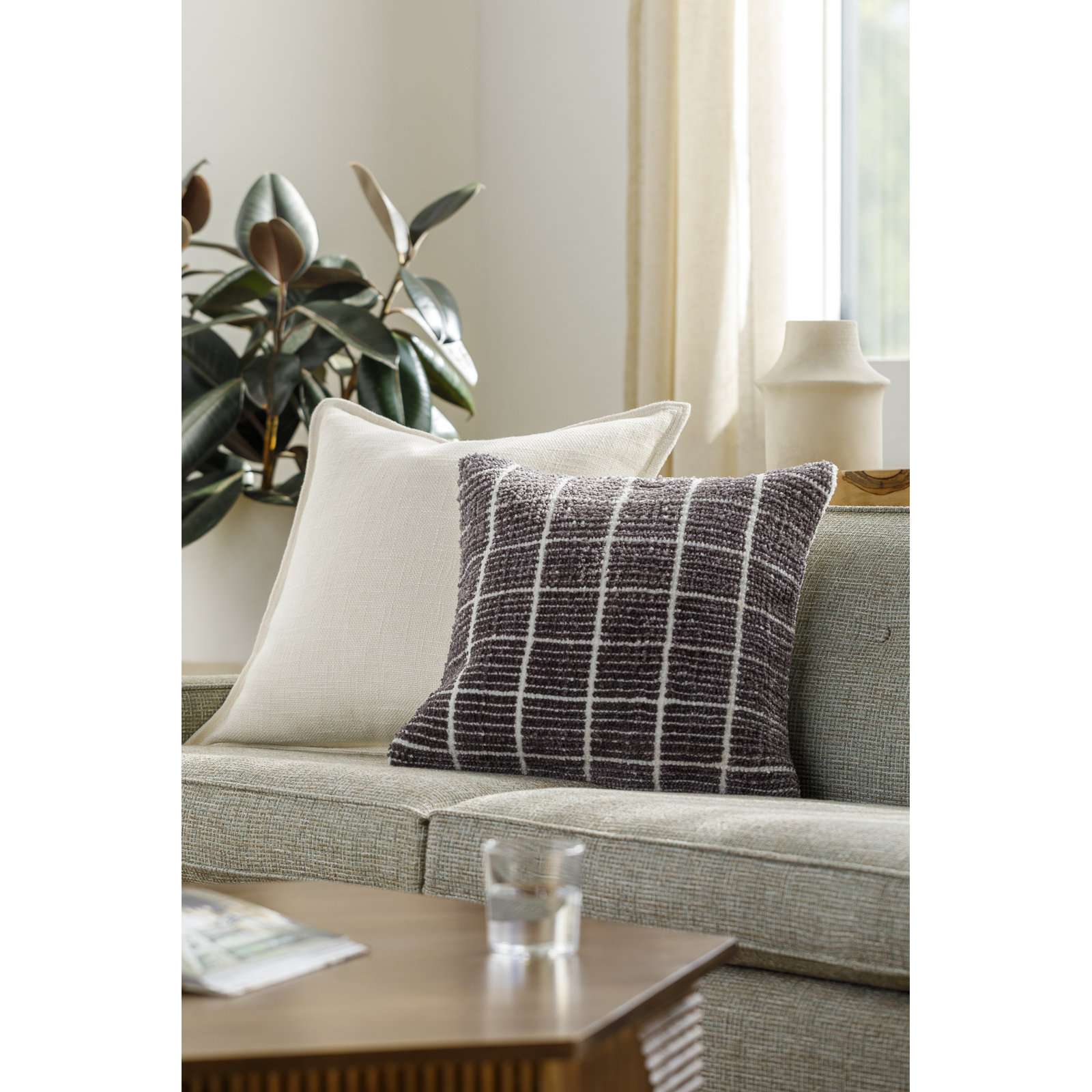 Wanderer Plaid Throw Pillow, Down, 20" x 20", Gray/White