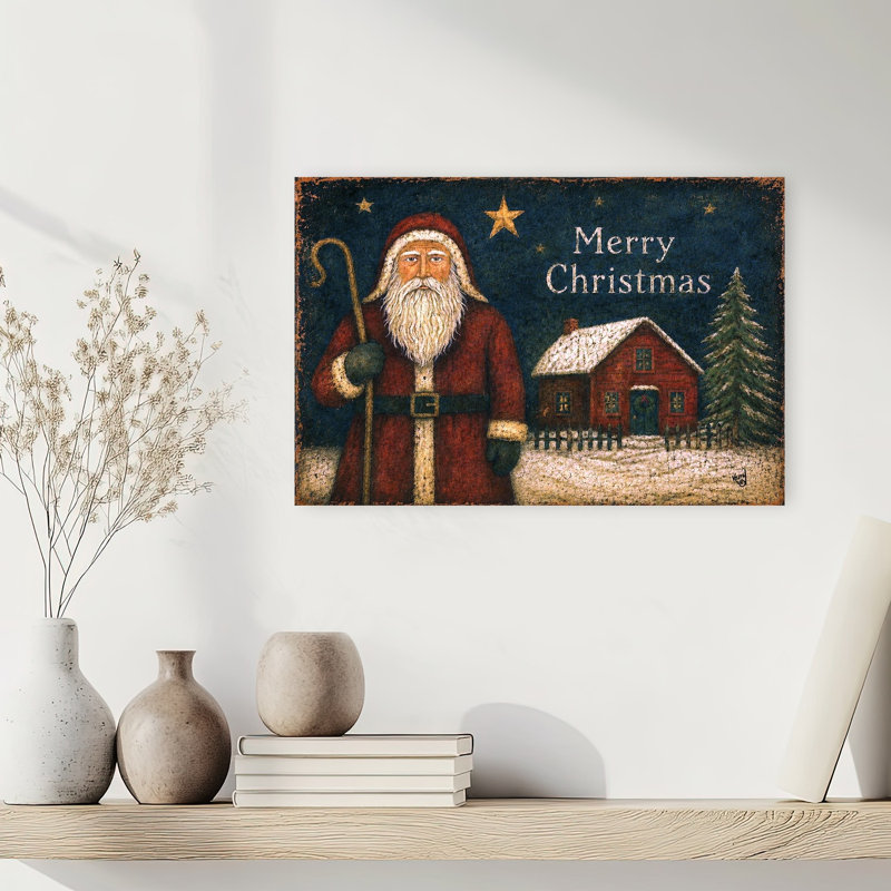 Olde Time Santa Vintage Abstract Pine Tree Landscape Winter Wall Art Print 1 Piece Wrapped Canvas Wall Art