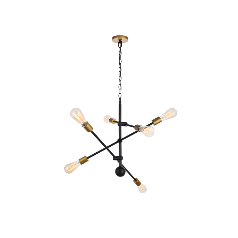 Lustre Spoutnik linéaire moderne Whelchel, Noir/laiton, Six lumières, H 21 po x l 29 po x P 29 po