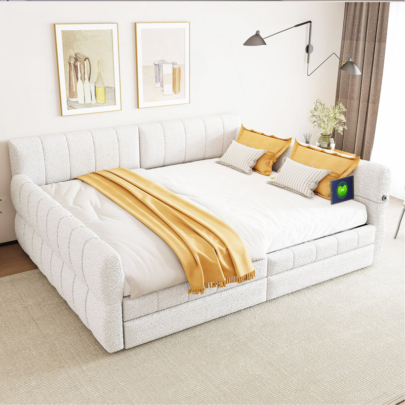 Queen Size Upholstered Platform Bed With USB And 2 Drawers, White, White