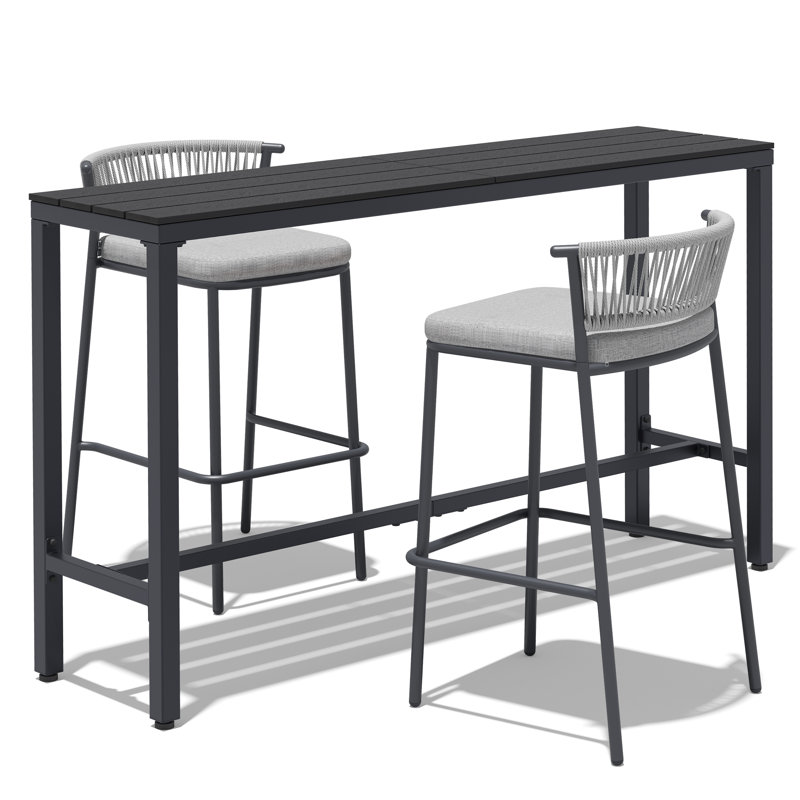 Ensemble de bar de patio 3 pièces avec tabourets de bar et table rembourrés, Grey, Black