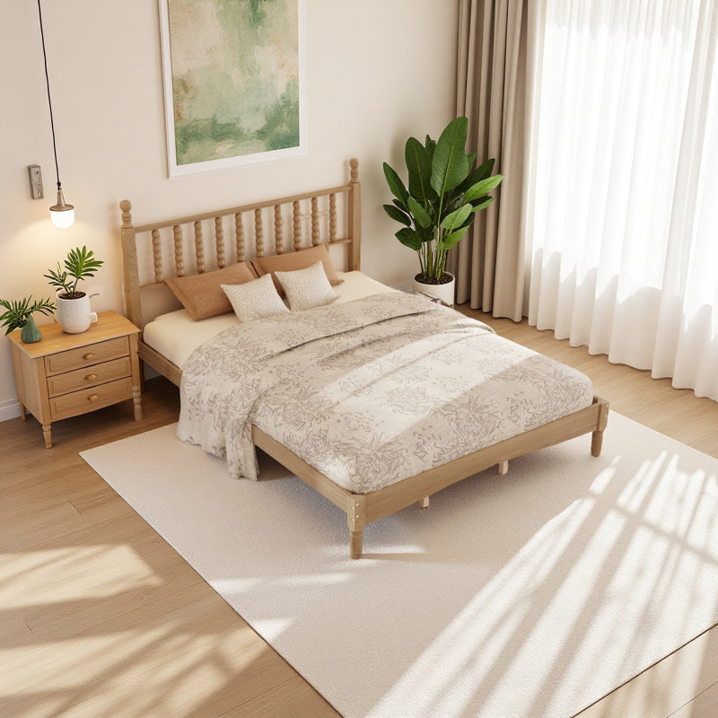 Lit plateforme grand en bois avec tête de lit en forme de gourde, lit plateforme de style rétro avec support à lattes en bois, naturel
