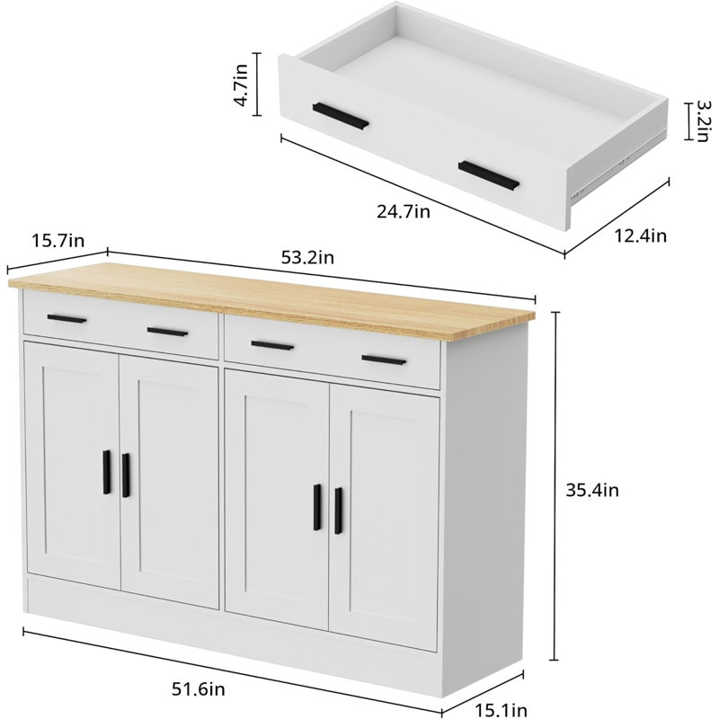 Buffet, armoire à café avec 2 tiroirs et 4 portes, buffet de cuisine pour le salon, cuisine, Blanc