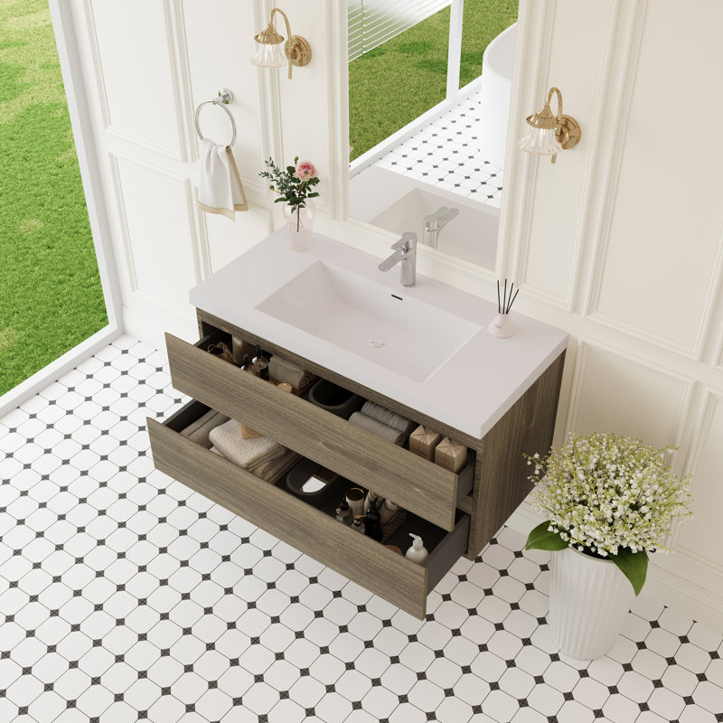 Meuble-lavabo mural flottant avec lavabo, armoire de rangement murale pour organiser vos essentiels, avec tiroirs à fermeture en douceur et installation facile