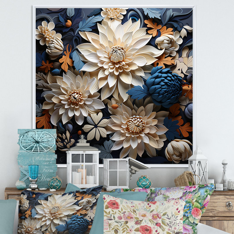 «Pure White and Blue Chrysanthemums Mosaic II», reproduction sur toile, H 24 po x l 24 po, Cadre flottant blanc