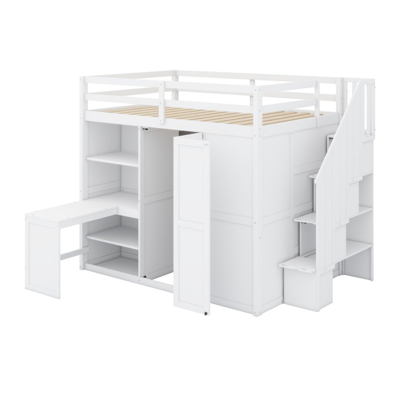 Lit mezzanine avec garde-robe, bureau et tablettes, Blanc