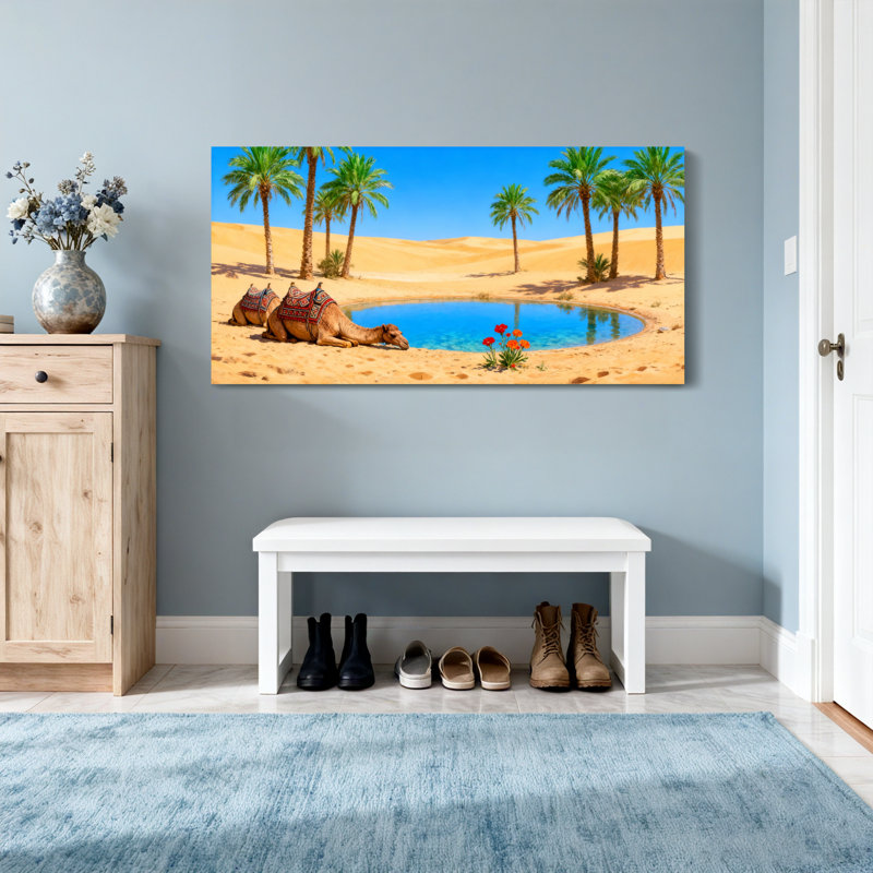 Paysages pittoresques et oasis du désert avec des chameaux et des palmiers, H 20 po x l 40 po