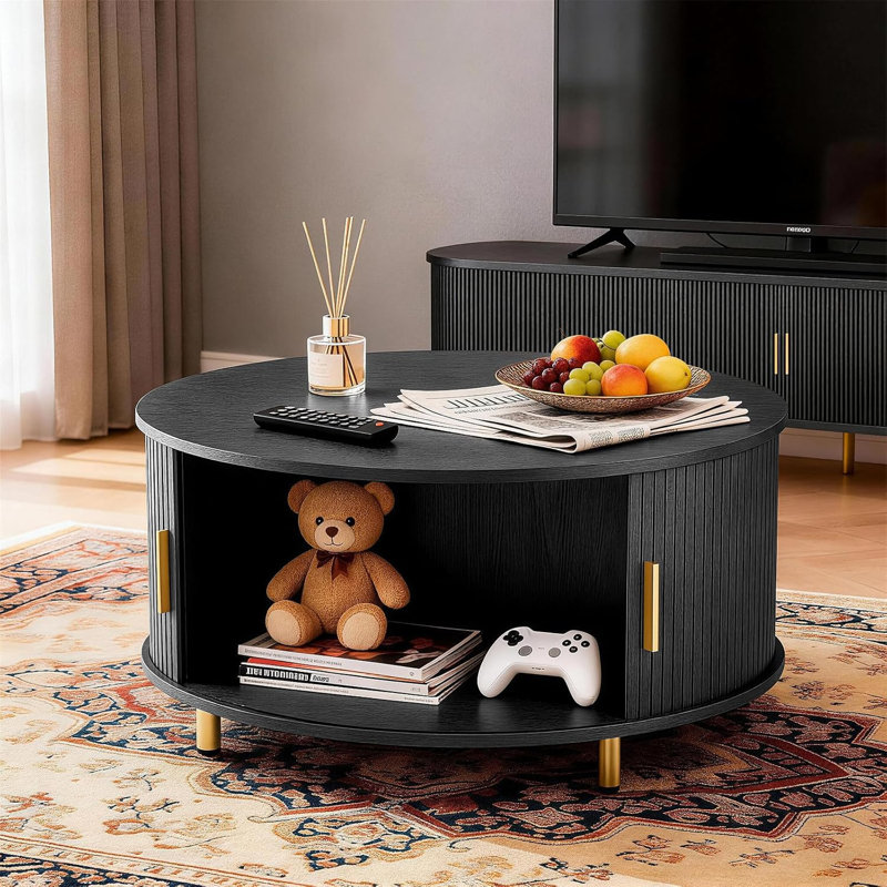 Table basse ronde avec rangement, table basse moderne Mid-Century 31,5 "avec porte coulissante incurvée à 360 °, Noir