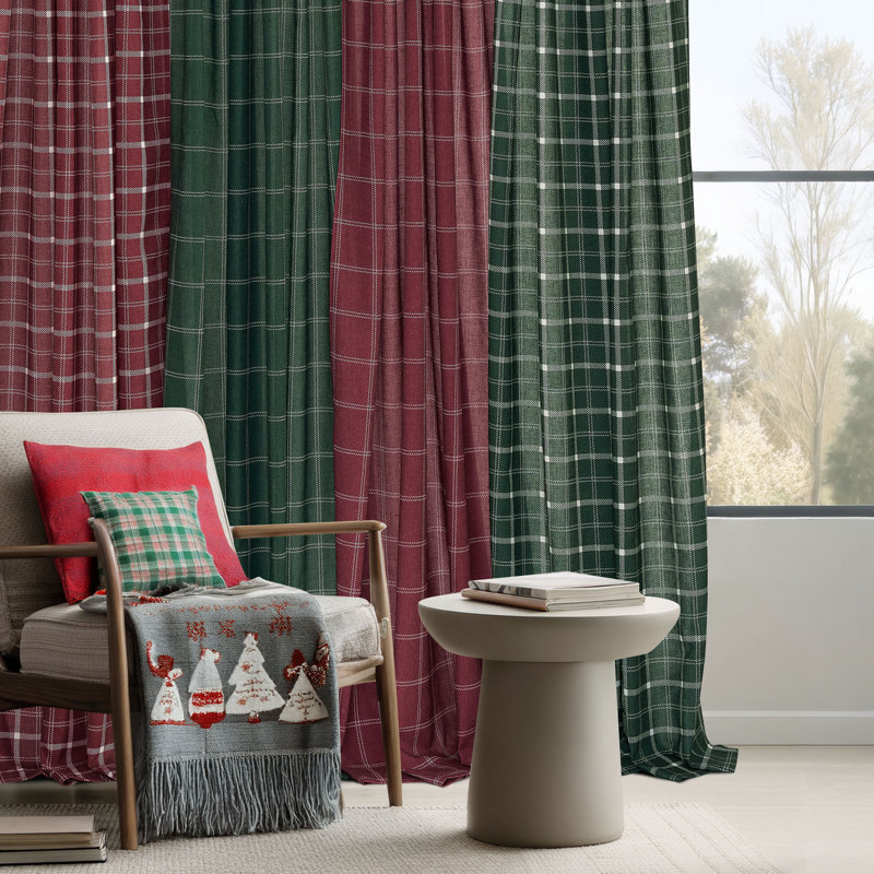 Linen Plaid Curtains Modern Window Panels Check Tartan Light Filtering Curtains for Living Room Bedroom, Rod Pocket Back Tab, 2 Panels
