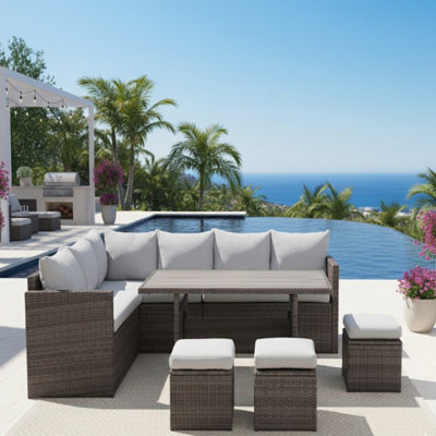 Premium All-Weather Wicker Sectional Set with Dining Table