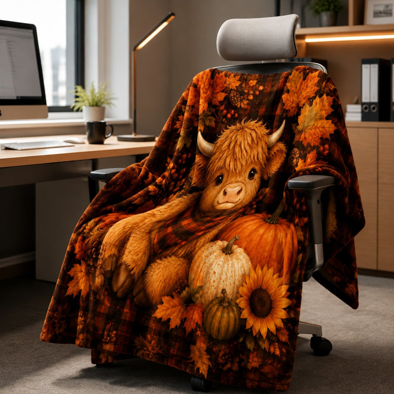 Couverture jetée en flanelle douce à motif vache des Highlands, citrouille et tournesol, idéale pour canapé, chambre ou salon.