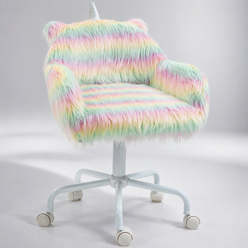 Chaise de bureau Fluffy Unicorn avec dossier moyen et accoudoirs, base pivotante blanche à 5 branches
