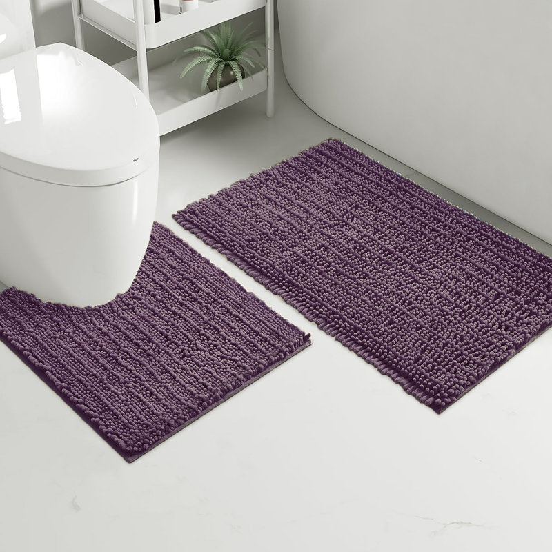 2 Piece Set Mustard Soft Cozy Plush Chenille Bath Mat Bathroom Rug, Purple