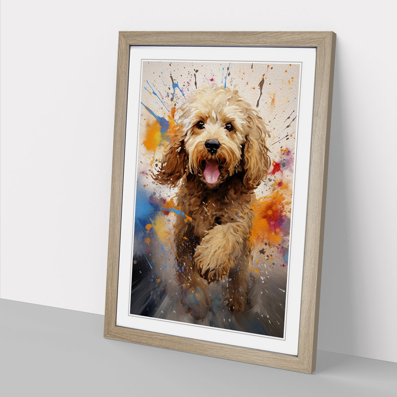 Cockapoo Action - Single Picture Frame Print on Wood, Oak Framed, 64cm H x 46cm W x 2cm D