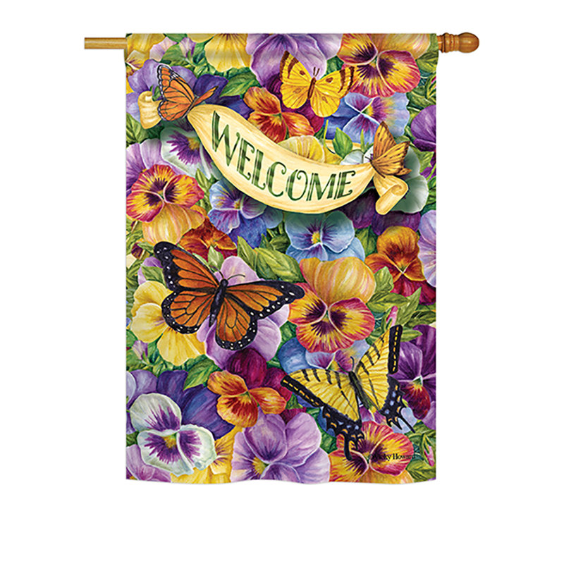 Drapeau maison en polyester à 2 côtés pensées avec papillons, H 40 po x l 28 po