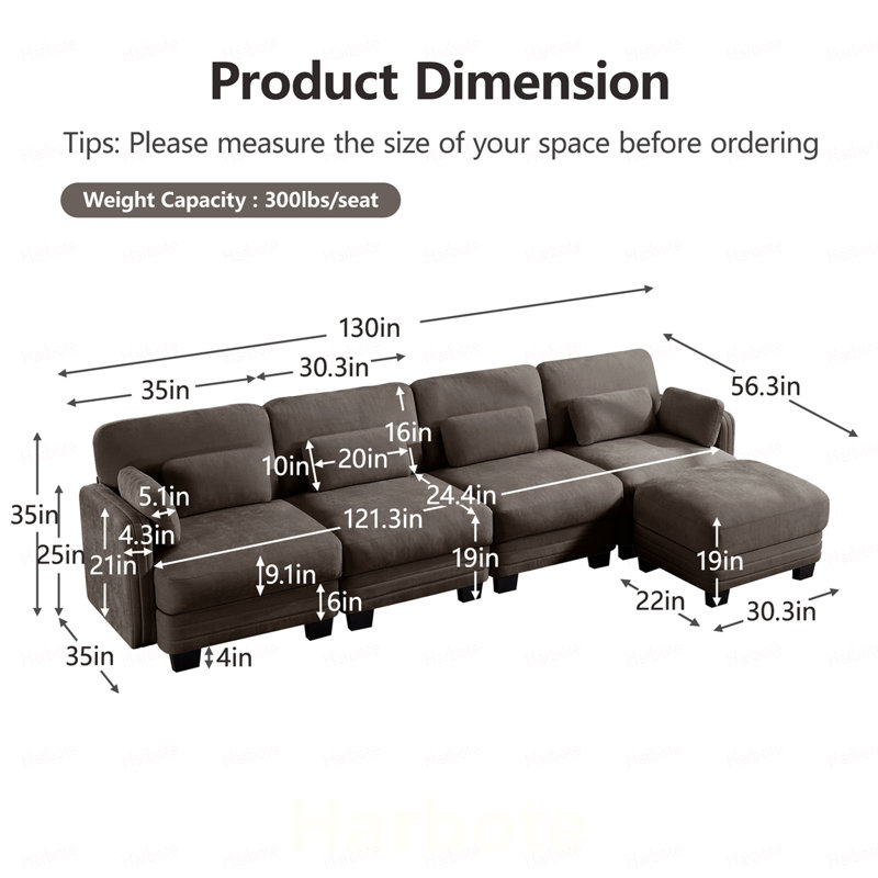 Canapé modulaire modulaire à 4 places avec capitonnage Channel, Chenille-brun