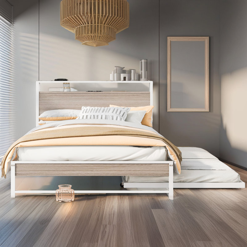 Base de lit moderne en métal avec lit gigogne USB, Beige