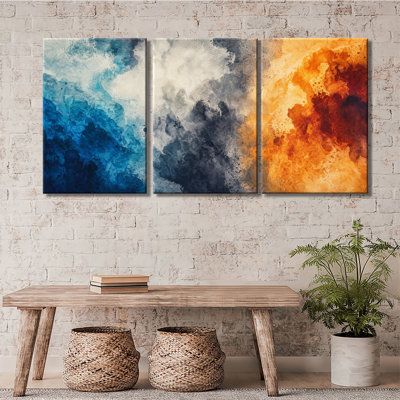 Bleu orange, gris, aquarelle, éclaboussure abstraite, minimaliste, toile tendue prête à accrocher, grand salon, impression murale sur toile, 3 pièces
