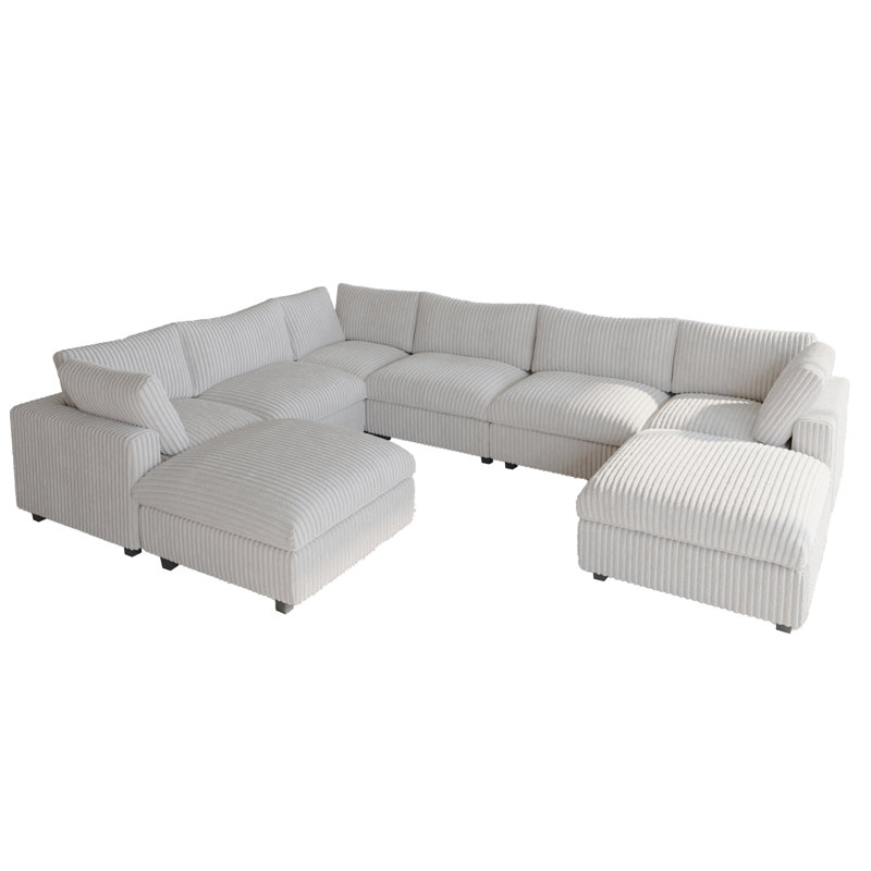 8 - Piece Slipcovered Sectional With Ottoman, White Polyester Blend