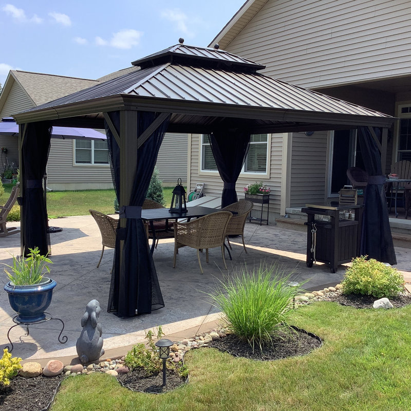 PURPLE LEAF 12' X 14' Hardtop Gazebo Outdoor Metal Roof Sun Shade Tent with Curtains and Netting Patio Canopy Permanent Pavilion
