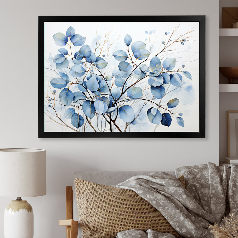 Art mural bleu et gris avec feuilles sur une branche III - feuilles, Cadre simple noir, H 16 po x l 32 po x P 1 po