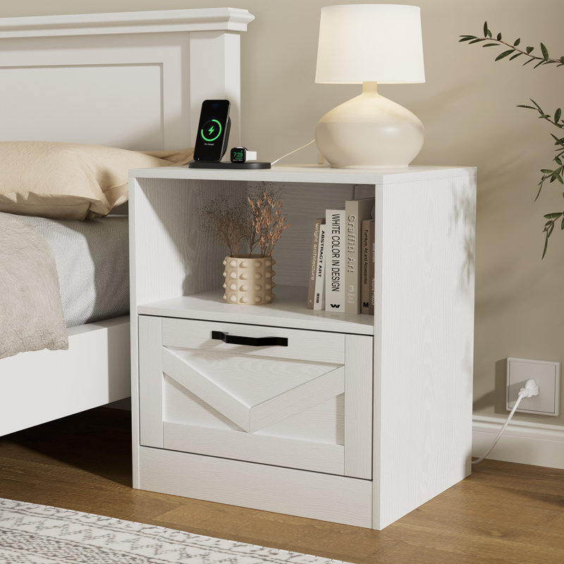 Table de chevet blanche avec surface en «V», avec tiroir et prise de courant, Individuel