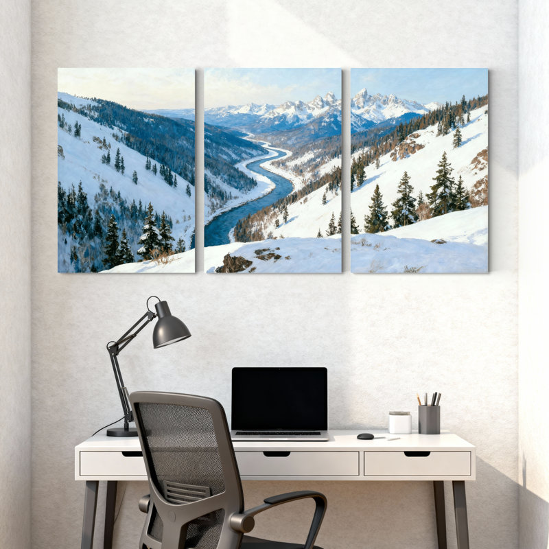 Hiver, forêt, montagnes enneigées, forêt, paysage d'hiver, ensemble de 3 impressions sur toile, H 24 po x l 48 po
