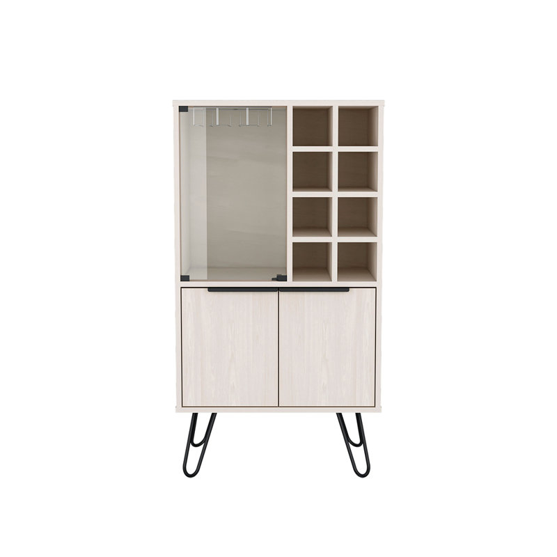 Double Door Bar Cabinet And Glass Door Comparment, Eight Bottle Cubbies And Stemware, White Washed