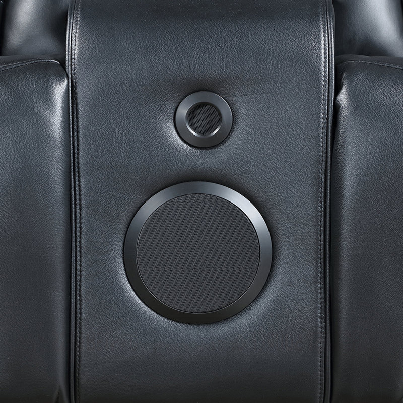 Canapé deux places à réglage électrique de 75,4 pouces avec console, appuie-têtes électriques, éclairage DEL et haut-parleurs, intérieur en cuir noir.