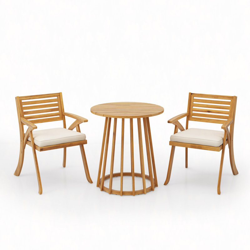 Ensemble repas d'extérieur 3 pièces en bois d'acacia avec coussins crème, teck