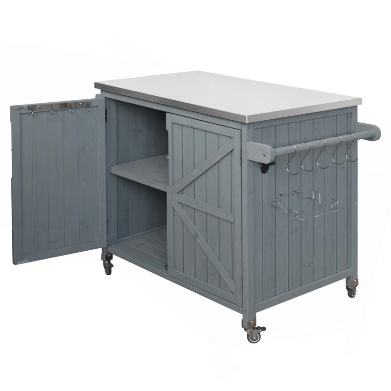 42.1" Outdoor Kitchen Island With Side Shelf, Stainless Steel Top, Adjustable Shelf & 4 Wheels, Blue Gray