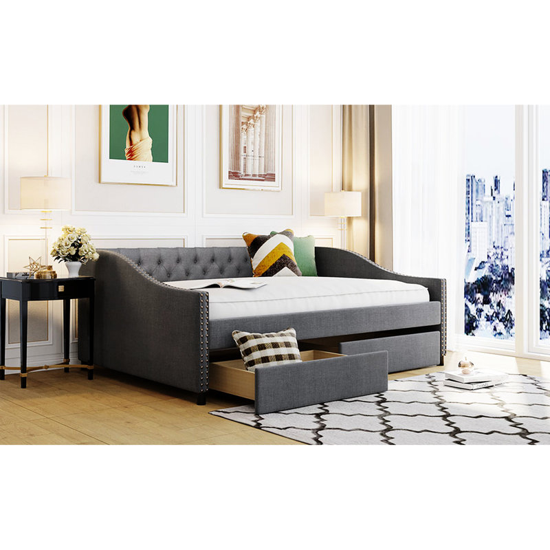 Full Size Upholstered Daybed With Two Drawers, Gray, Solid Build Base Frame Support, Gray