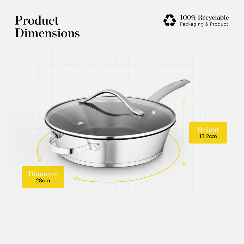 GF900266 Good Food in partnership with Tower 28cm Multi-Pan with Tempered Glass Lid, 10x Stronger Ceramic Non-Stick Coating, Induction Compatible and Oven Safe, Stainless Steel