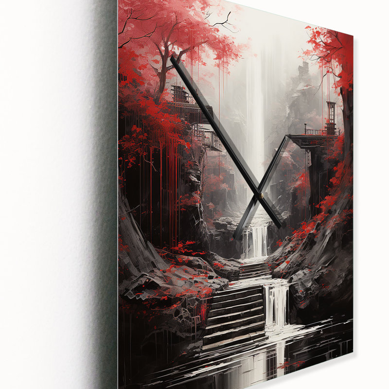 Red Tree Endless Waterfall Journey - Landscapes Wall Clocks, Small