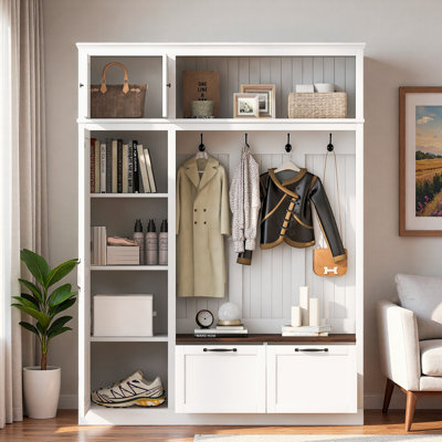 3-in-1 Hall Tree With Top Storage Cabinet, Open Storage, 3 Adjustable Side Shelves, 4 Heavy-duty Hooks, 2 Spacious Drawers And Seat Bench