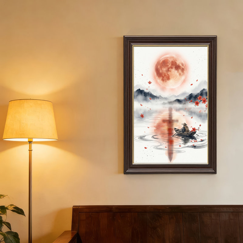 Art mural antique sur toile encadré doré pour le salon, la chambre à coucher, le bureau ou le vestibule - décoration murale décorative avec reflet de la lune