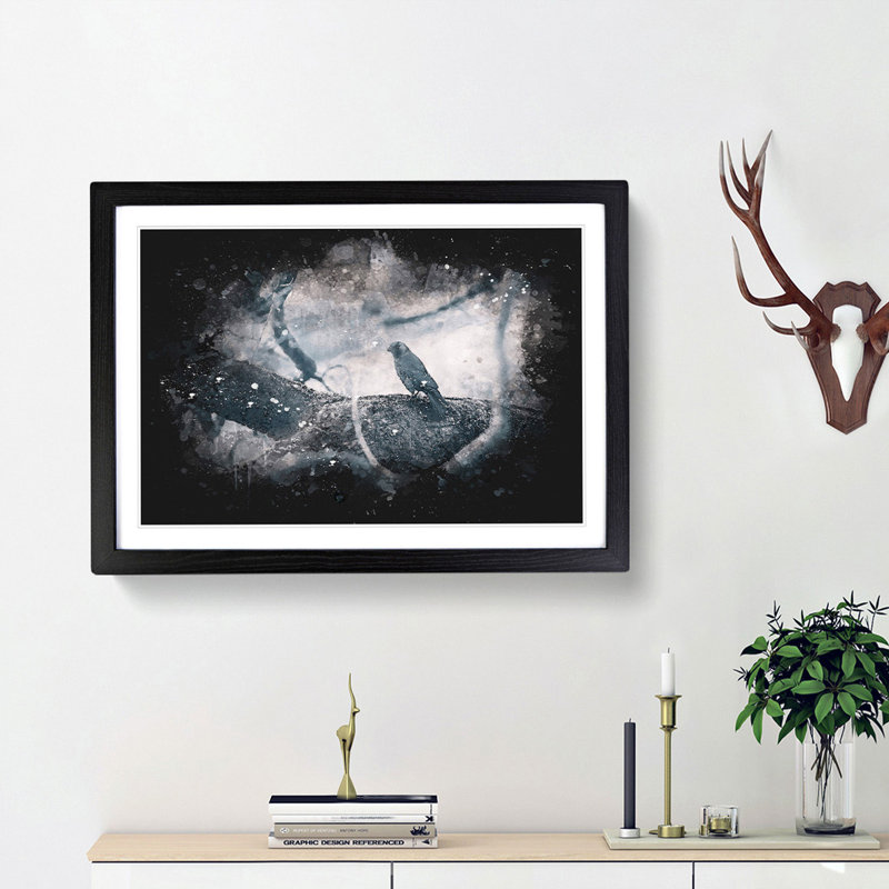 Bird On The Tree Paint Splash - Framed Print, Black Framed, 62cm H x 87cm W x 2cm D