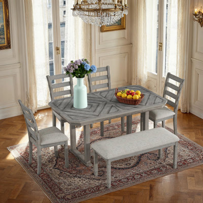 6-Piece Retro Style Rubber Wood Dining Table Set with Wood Grain Tabletop, 4 Soft Cushion Chairs and 1 Bench,