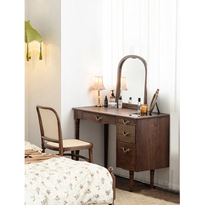 Vintage Style Black Walnut Solid Wood Vanity Table With Multi Storage Drawers
