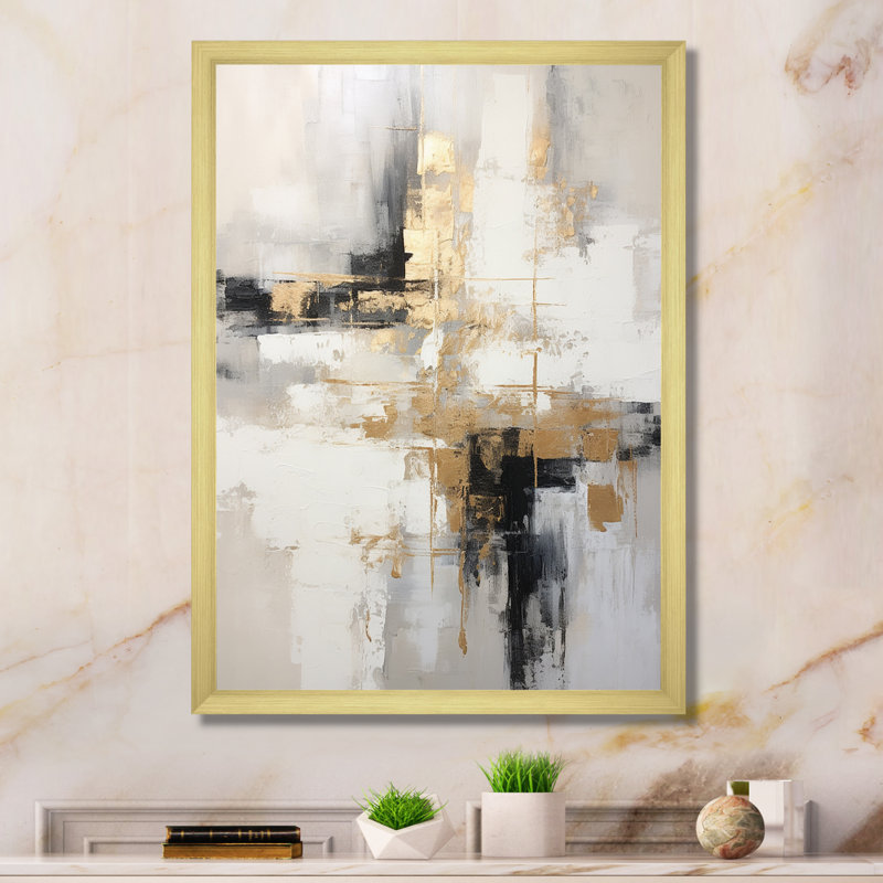 «Essential Bliss Minimalisme», peinture abstraite sur toile grise, H 44 po x l 34 po, Avec cadre, Doré