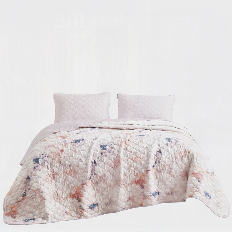 Ensemble de couvre-lit 3 pièces en microfibre matelassée réversible à imprimé aquarelle rose pâle, très grand