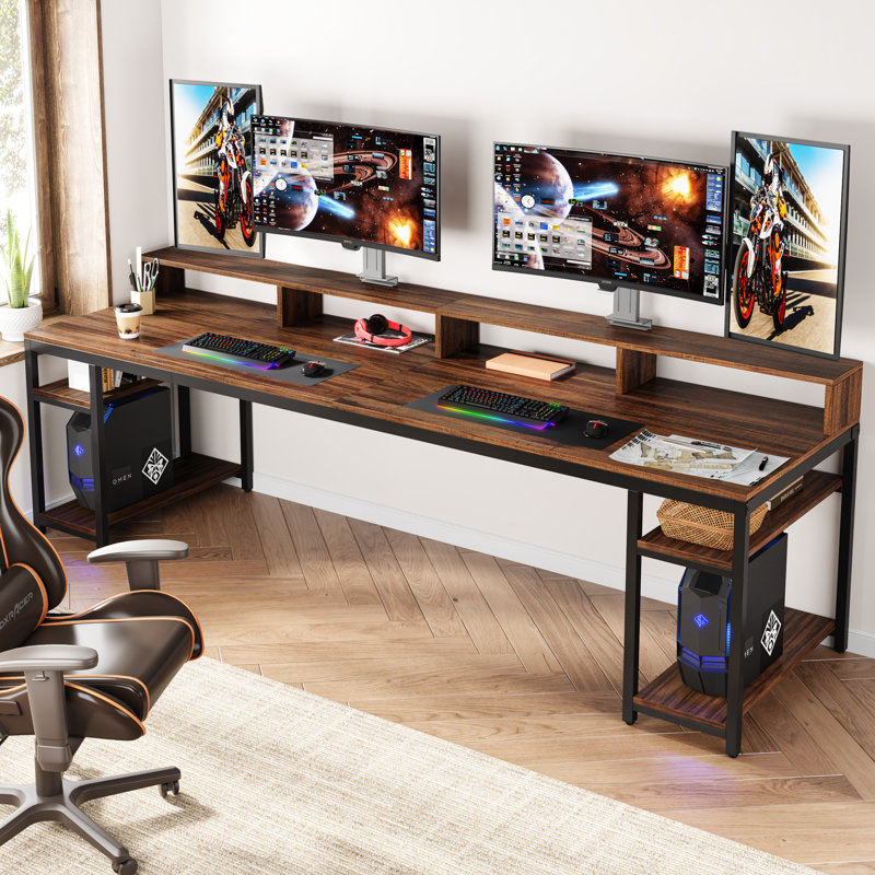78.74" W Double Computer Desk With Monitor Stand, Two Person Desk With 4 Open Shelf, Brown/Black