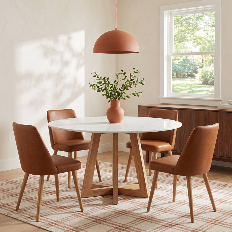 Oleta Oak Round Marble Top Dining Table, 30" H x 55" L x 55" W