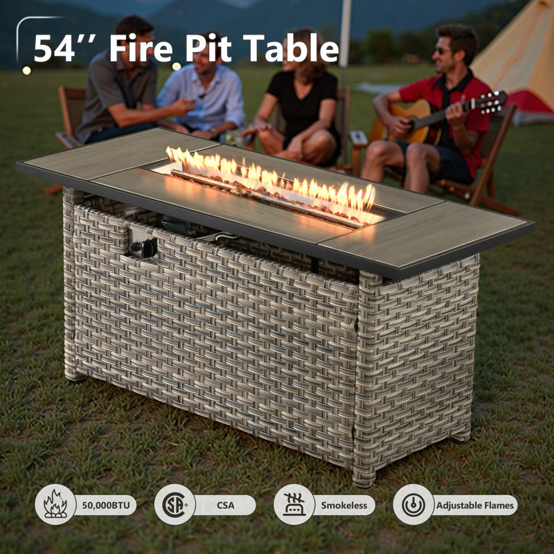 Rectangle Rattan Outdoor Propane Firepit Table, With Lid And Lava Rocks 50,000 Btu, 25" H x 54" W x 22.40" D