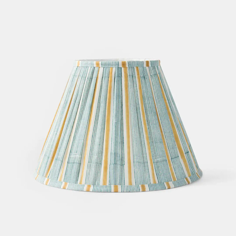 Sunny Striped Gathered Cotton Lampshade | Handcrafted Fabric Lamp Shade with Teal & Mustard Stripe Pattern | 14" Bottom Diameter x 10" Height x 7" Top Diameter