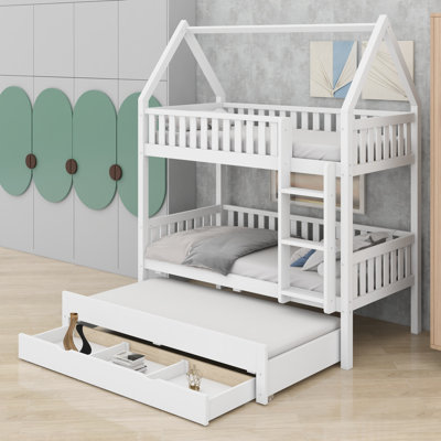 House-Shaped Bunk Bed with Fence, Trundle and Under-Bed Storage Drawers
