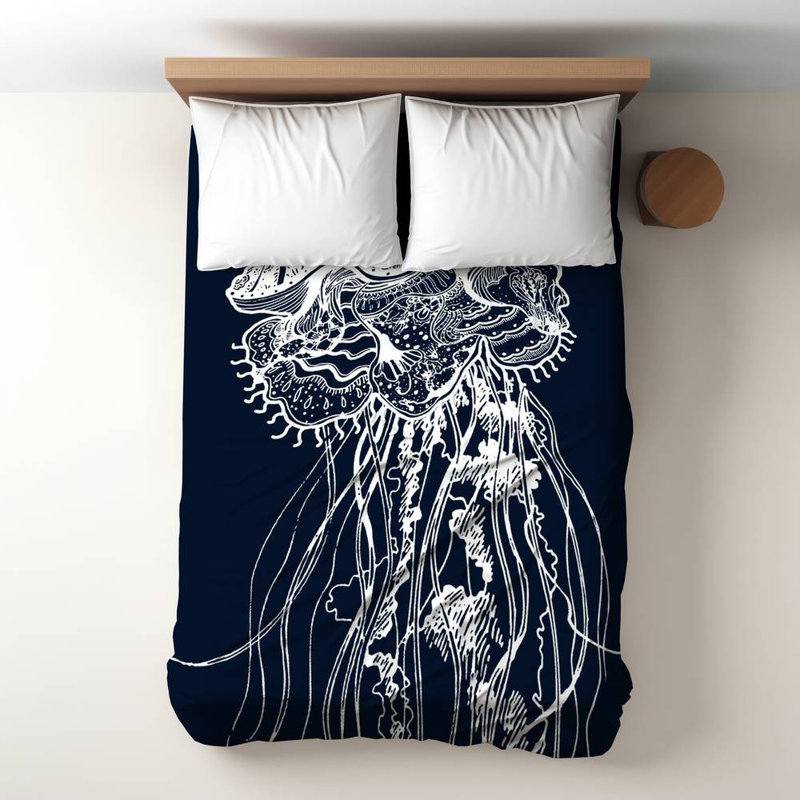 Polyester Sateen Duvet Cover, Twin Duvet, Blue Detailed Jellyfish Illustration