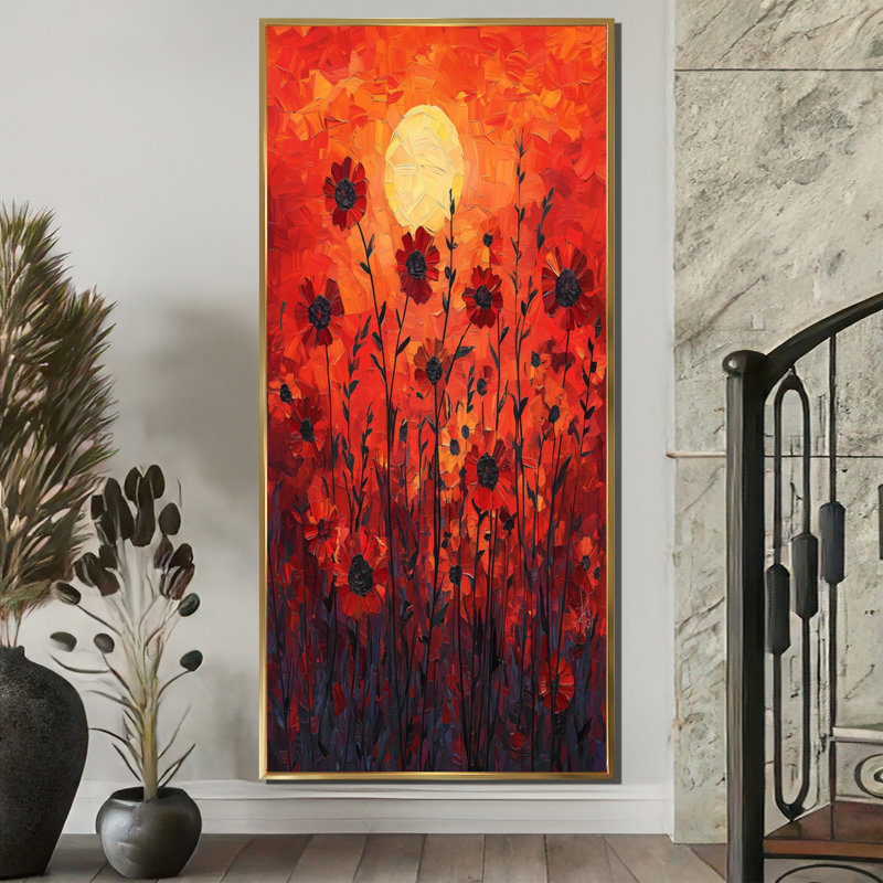 «Red Sunset Wildflowers Glory II», art mural fleurs sauvages, H 60 po x l 28 po, Reproduction avec cadre flottant, Doré
