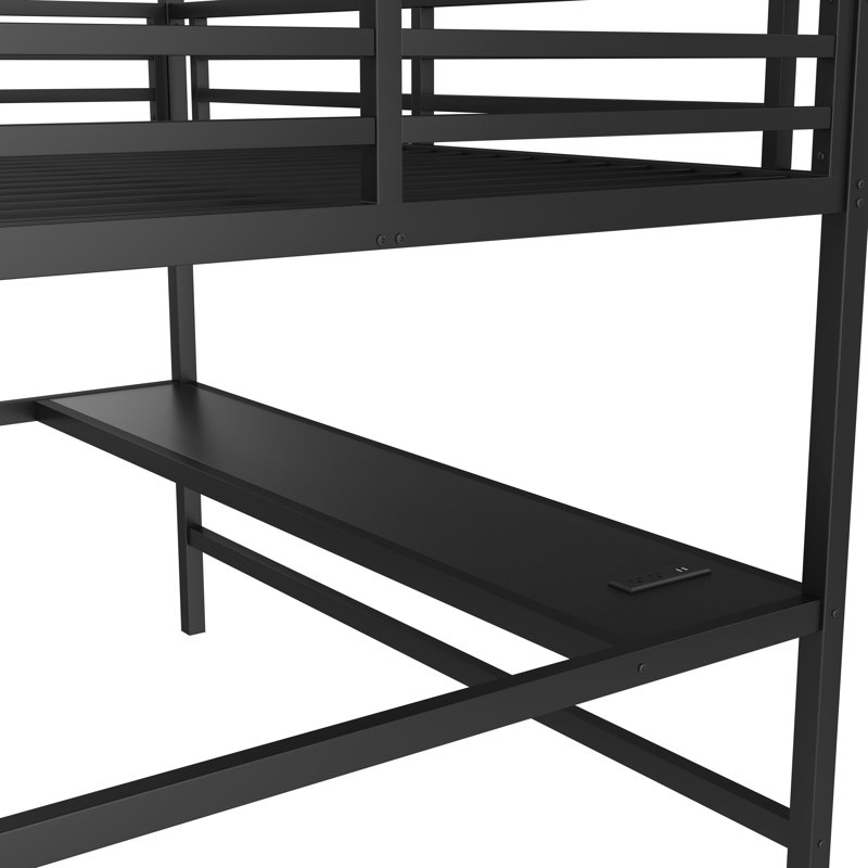 Grand lit mezzanine en métal avec prise de courant et éclairage DEL, peu encombrant, réduit le bruit, noir