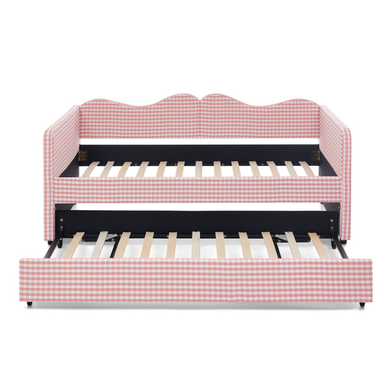 Lit de jour simple, lit de jour rembourré en vichy équipé d'un cadre de lit gigogne escamotable et d'une poche de rangement latérale, canapé-lit multifonctionnel en bois massif pour chambre d'enfant et chambre d'amis - Rose